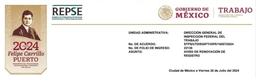 Constancia de registro REPSE de FAMAPI LOGISTICA, S. DE R.L. DE C.V.